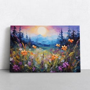 Colorful Mountain Wildflowers & Forest Sunset Oil Painting Print | Floral Botanical Landscape Decor Western Wall Art Nature Flower Blossoms