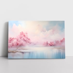 Beautiful Vintage Pink Cherry Blossoms Oil Painting Print on Framed Canvas Wall Art Home Dining Living Room Decor Flowers Landscape Abstract