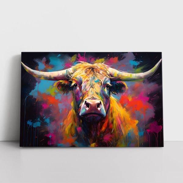 Colorful Cow Oil Painting Print on Framed Canvas Wall Art Home Decor Farm Animals Shaggy Highland Cow Modern Dining Room Living Room Neon