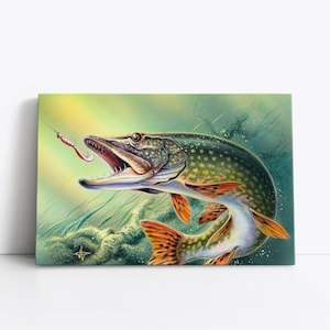 Northern Pike Vintage Painting Print on Canvas Wall Art | Fishing Decor Angling | Lodge Decor | Fishing Gift For Dad Fisherman