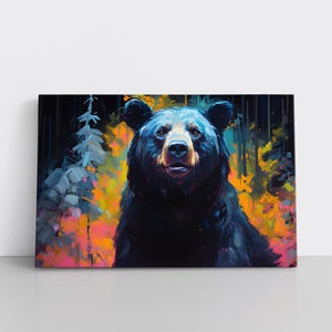Colorful Black Bear Oil Painting Print on Framed Canvas Wall Art | Lodge Decor Animals Wildlife Art Print