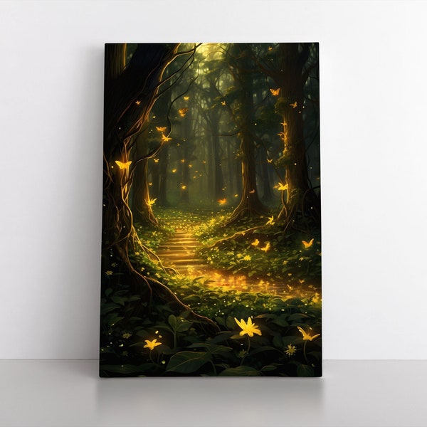 Enchanted Magical Spirit Forest Path with Fireflies Canvas Wall Art Print & Poster | Mystical Fantasy Bedroom Decor Spiritual Forest Trees