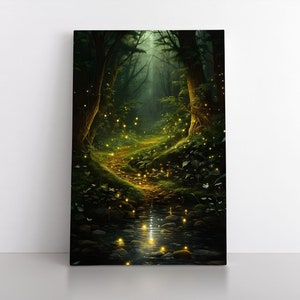 Enchanted Fairy Tale Fireflies Magical Spirit Forest Stream Canvas Wall Art Print & Poster | Mystical Fantasy Bedroom Decor Spiritual Forest