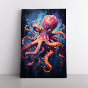 Colorful Octopus Oil Painting Print Framed Canvas Wall Art Home Decor Animals Sea Life Ocean Coral Reef Coastal Dining Room Living Room Art