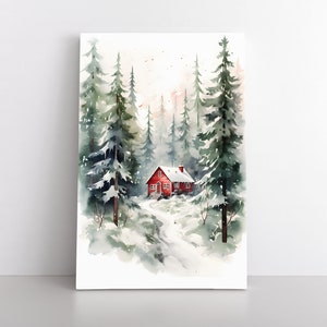 Minimalist Watercolor Snowy Cabin in Winter Forest Painting Print Canvas Rustic Lodge Decor Trees Landscape Nature Wall Art Print Home Decor