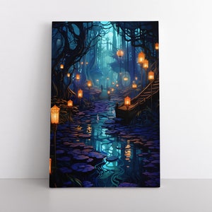 Enchanted Magical Spirit Forest with Lanterns Canvas Wall Art Print | Mystical Fantasy Bedroom Decor | Spiritual Forest Trees Digital Art
