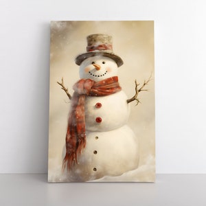 Vintage Rustic Snowman Painting Print Framed Canvas Wall Art Decor | Christmas Decoration Seasonal Winter Art Decor | Farmhouse Cottagecore