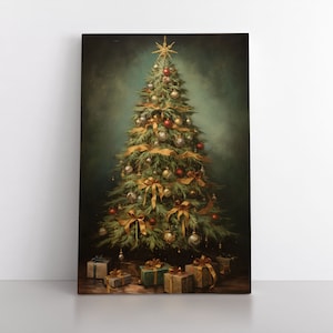 Vintage Christmas Wall Art | Christmas Tree Painting Print Framed Canvas | Seasonal Christmas Decoration | Rustic Cottagecore Yule Decor