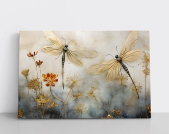Dragonflies & Flowers Canvas Wall Art Print | Dragonfly Wall Hanging