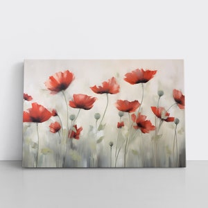 Minimalist Poppies Painting Framed Canvas Print | Pretty Floral Wall Art Botanical Bathroom Decor | Red Poppy Flower Garden Wildflowers