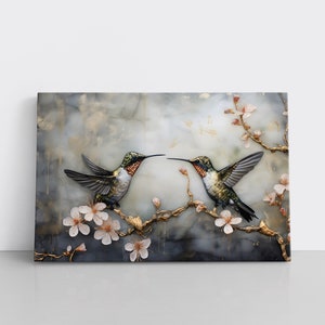 Beautiful Hummingbirds Flowers Framed Canvas Wall Art Print | Modern Living Room Dining Room Decor | Pretty Floral Garden Birds