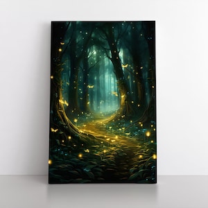 Verzauberter Waldweg mit Glühwürmchen auf Leinwand, Wand-Kunst-Druck & Poster