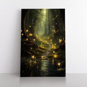 Enchanted Magical Fireflies Spirit Forest Stream Canvas Wall Art Print & Poster | Mystical Fantasy Bedroom Decor Spiritual Forest Fairy Tale