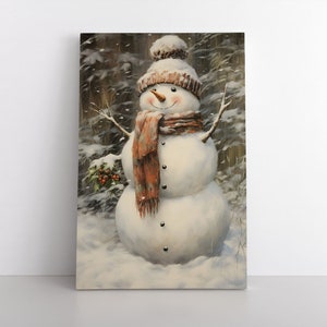 Vintage Rustic Snowman Painting Print Framed Canvas Wall Art | Christmas Decoration Seasonal Winter Art Decor | Farmhouse Cottagecore