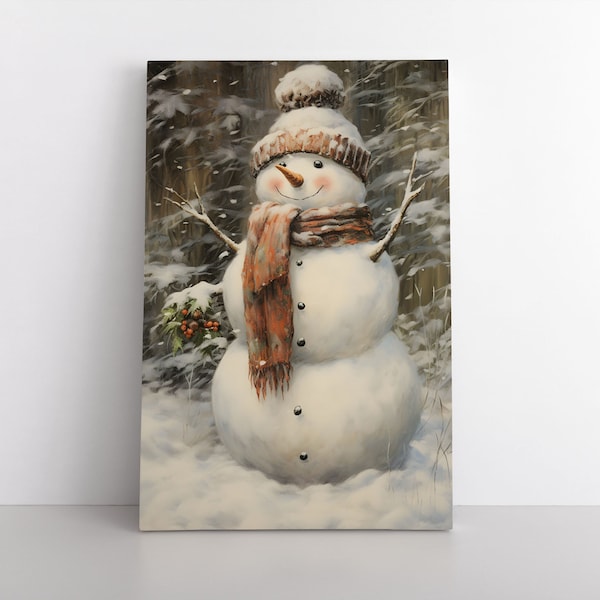 Vintage Rustic Snowman Painting Print Framed Canvas Wall Art | Christmas Decoration Seasonal Winter Art Decor | Farmhouse Cottagecore