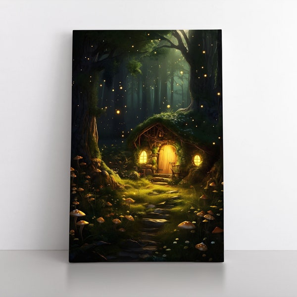 Enchanted Magical Spirit Forest Hut with Fireflies Canvas Wall Art Print & Poster | Mystical Fantasy Bedroom Decor Spiritual Forest Trees