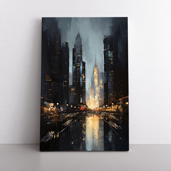 Vintage Style Future City Oil Painting Print Thick Texture Framed Canvas Print | Rainy Cityscape Cyberpunk Wall Art | Dystopian Fusion Art