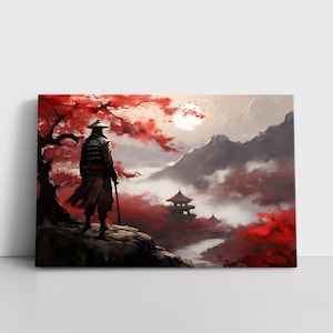 May include: A rectangular canvas wall art print featuring a figure in traditional attire and a conical hat standing on a cliff edge. The scene depicts a landscape with vibrant red trees, a distant pagoda, a winding river, and misty mountains.