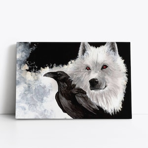 Vintage White Wolf & Black Raven Painting Print Framed Canvas Wall Art Print | Spirit Animals Cabin Decor Northern Wilderness Oil Painting