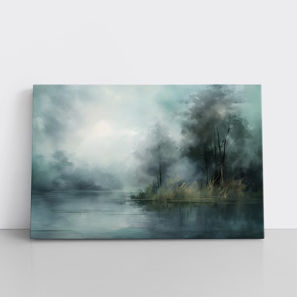 Abstract Tonal Watercolor Misty Lake & Trees Landscape Painting Print Framed Canvas | Muted Neutral Colors Wall Decor | Lodge Decor Nature