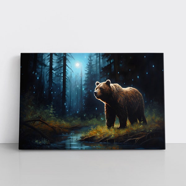 Magical Grizzly Bear in Enchanted Forest Painting Print on Canvas | Bear Spirit Animal Wildlife Artwork | Woodland Wall Art log Cabin Decor
