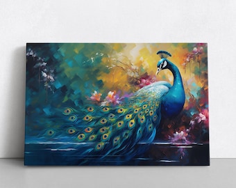 Floral Spirit Peacock Oil Painting Print on Framed Canvas Wall Art | Beautiful Home Decor Animals Birds Modern Dining Room Living Room