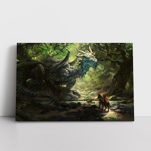 Green Dragon & Knight in Forest Fantasy Storybook Painting Print Framed Canvas Wall Art | Medieval Fairytale Kids Bedroom Decor