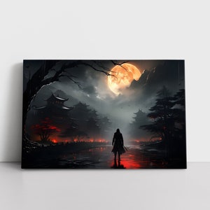 Dark Samurai Antiker Tempel Krieger Ölgemälde Druck gerahmt Leinwand Wandkunst | Mythische Fantasy Kung Fu Ronin Martial Arts Schlafzimmer Dekor