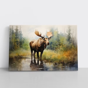 Watercolor Woodland Moose Painting Print on Framed Canvas Wall Art | Alaskan Animals Wildlife Nature Lodge Decor | Moose Artwork Picture