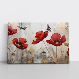 Poppies & Butterflies Framed Canvas Print | Pretty Floral Wall Art Botanical Bathroom Decor | Red Poppy Flower Garden Wildflowers Textured