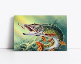 Northern Pike Vintage Painting Print on Canvas Wall Art | Fishing Decor Angling | Lodge Decor | Fishing Gift For Dad Fisherman