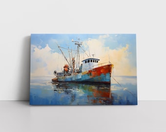 Vintage Old Fishing Boat Oil Painting Print Framed Canvas Wall Art | Coastal Wall Art | Ocean Nautical Decor | Blue Wall Decor