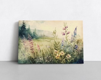 Vintage Watercolor Wildflowers Forest Landscape Painting Print Canvas Wall Art Neutral Painting Muted Colors Floral Botanical Bathroom