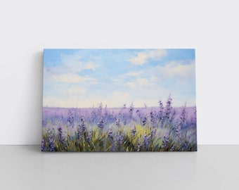 Vintage Neutral Muted Purple Lavender Field Wildflowers Country Landscape Painting Print Framed Canvas Wall Art Farmhouse Decor Countryside