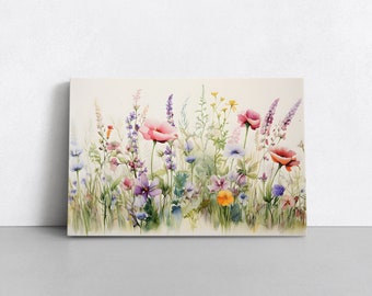 Watercolor Wildflowers Painting Print Canvas Wall Art Neutral Painting Tonal Muted Colors Floral Botanical Bathroom Decor Vintage Farmhouse