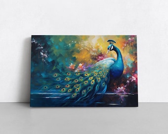 Floral Spirit Peacock Oil Painting Print on Framed Canvas Wall Art | Beautiful Home Decor Animals Birds Modern Dining Room Living Room