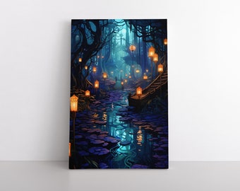 Enchanted Magical Spirit Forest with Lanterns Canvas Wall Art Print | Mystical Fantasy Bedroom Decor | Spiritual Forest Trees Digital Art