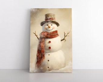 May include: A vertical canvas print featuring a snowman with a carrot nose, wearing a weathered top hat and a long red plaid scarf. The snowman has twig arms, two red buttons on the chest, and two dark buttons on the lower body, set against a snowy background.