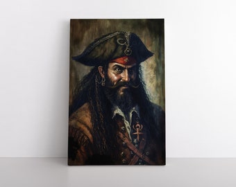 Blackbeard Pirate Portrait Painting Print on Canvas Wall Art | Vintage Style Gothic Portraits | Dark Academia | Historical Figures Artwork