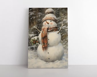 May include: A vertical canvas print featuring a white snowman with a carrot nose, a brown knit hat with a pom-pom, and a matching brown scarf. The snowman has twig arms, three dark buttons, and holds a sprig of holly with red berries.