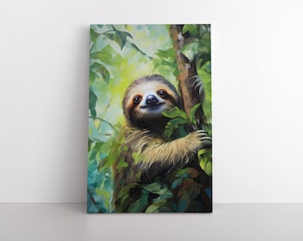 かわいいナマケモノのキャンバスプリント｜グリーンジャングルの油絵ウォールアート
