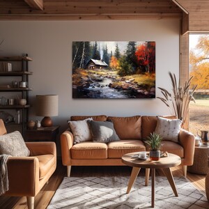 Vintage Country Cabin in Forest Oil Painting Print on Canvas | Lodge ...