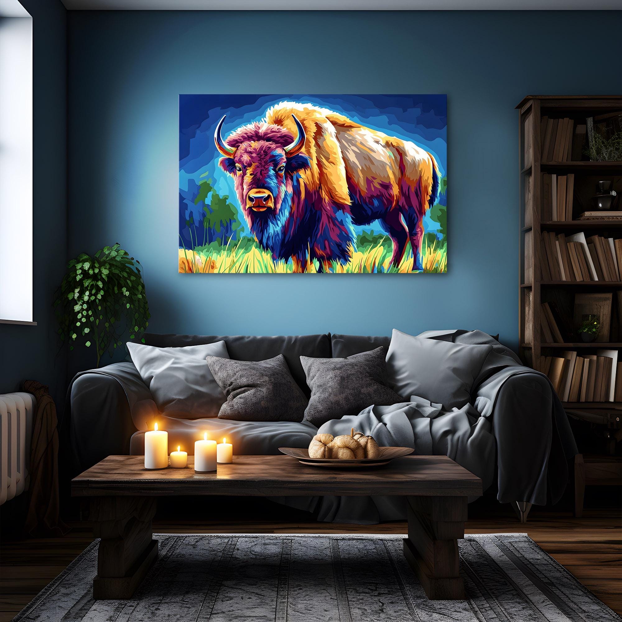 Colorful American Bison Wall Art Print on Framed Canvas | Plains ...