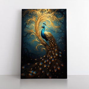 Magical Beautiful Peacock Artwork on Framed Canvas Wall Art Decor | Gold & Blue Peacock Painting Print