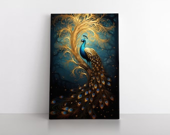 Majestic Blue & Gold Regal Peacock Framed Canvas Wall Art Print | Abstract Magnificent Birds Art | Spirit Peacock