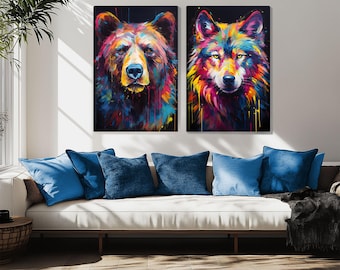 Colorful Grizzly Bear & Wolf Oil Painting Print on Framed Canvas Wall Art Bundle | Animals Wildlife Artwork | Modern Cabin Decor