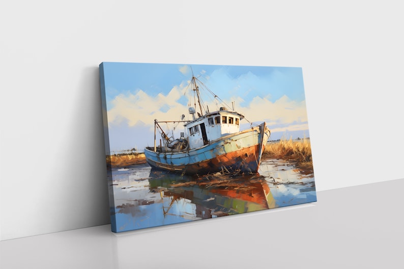 Vintage Old Fishing Boat Oil Painting Print Framed Canvas Wall Art ...