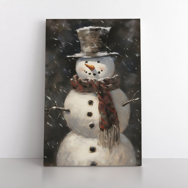 Vintage Rustic Snowman Painting Print Framed Canvas Wall Art Decor | Nostalgic Christmas Decoration Seasonal Winter Art Decor | Cottagecore