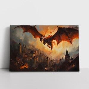 Vintage Dragon Burning Medieval Castle Oil Painting Print Framed Canvas Wall Art Bedroom Decor | Fantasy Storybook Dungeons And Dragons