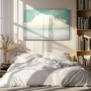 Minimalist Cloud Painting Print on Framed Canvas | Abstract Blue Sky & Clouds Artwork | Moody Wall Art | Study Room Decor | Whimsical Girl image 6